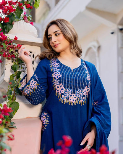 Cotton A-Line Kurti Set with Embroidery & Malmal Dupatta