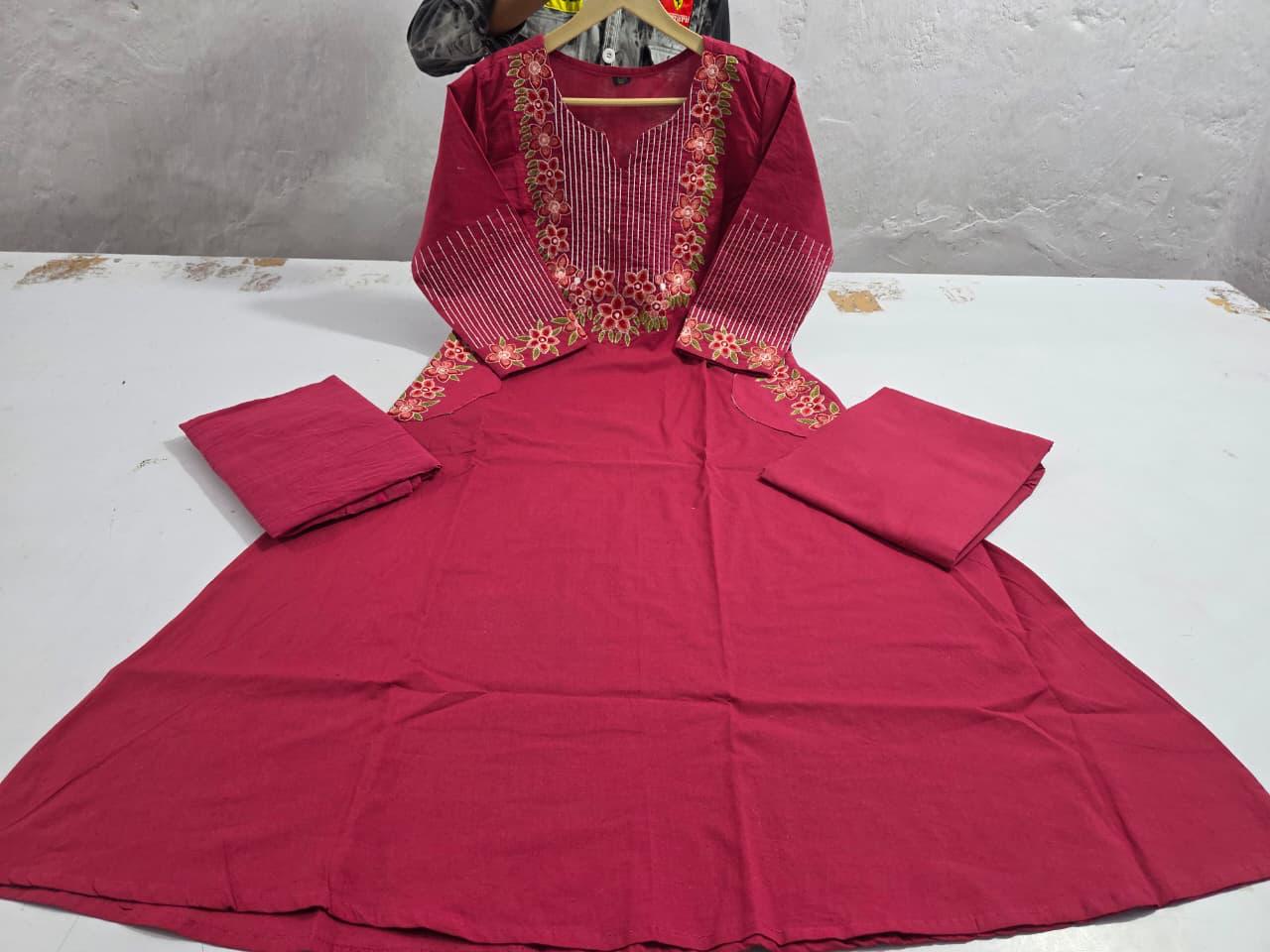 Cotton A-Line Kurti Set with Embroidery & Malmal Dupatta