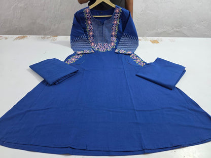 Cotton A-Line Kurti Set with Embroidery & Malmal Dupatta
