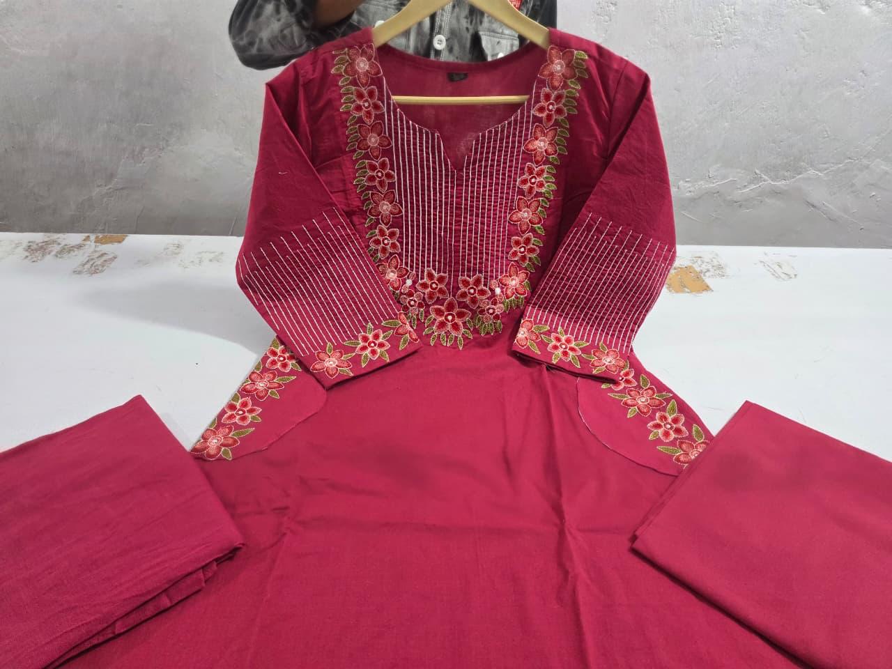 Cotton A-Line Kurti Set with Embroidery & Malmal Dupatta