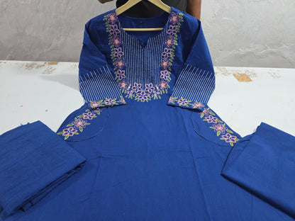 Cotton A-Line Kurti Set with Embroidery & Malmal Dupatta