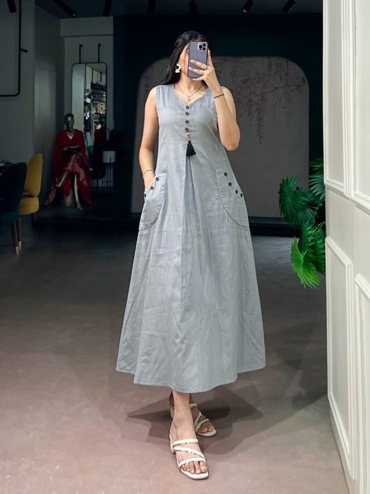 Cotton A-Line Kurti with Wooden Button | 48 Inch
