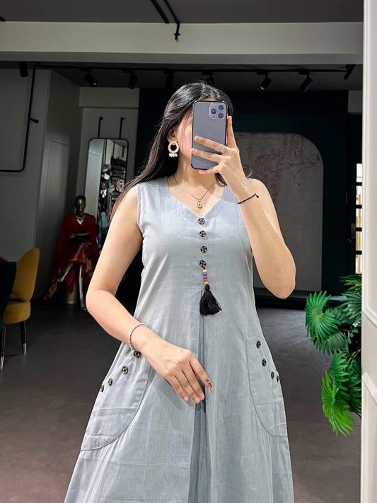 Cotton A-Line Kurti with Wooden Button | 48 Inch