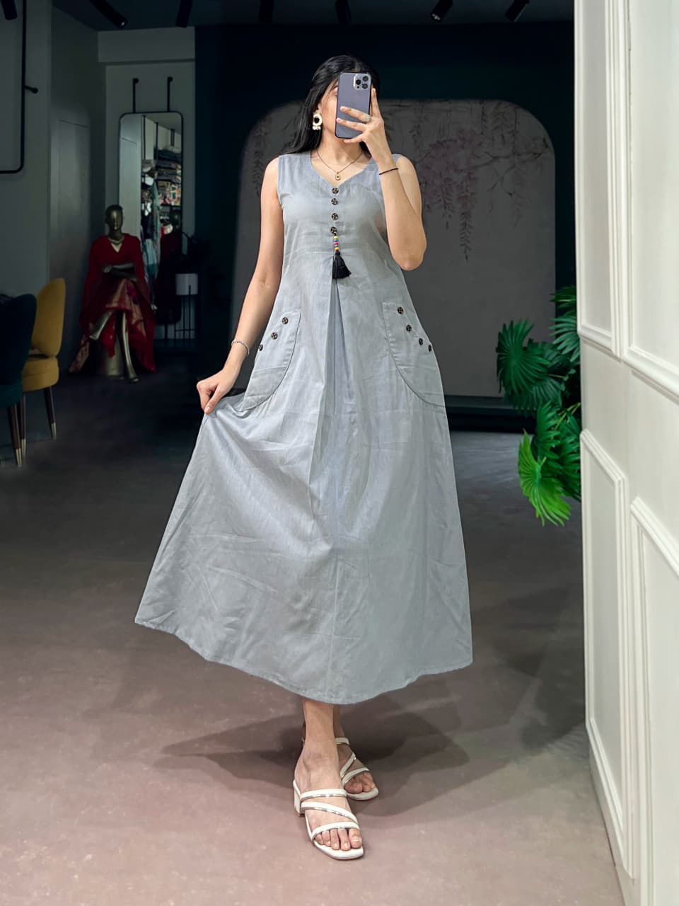 Cotton A-Line Kurti with Wooden Button | 48 Inch