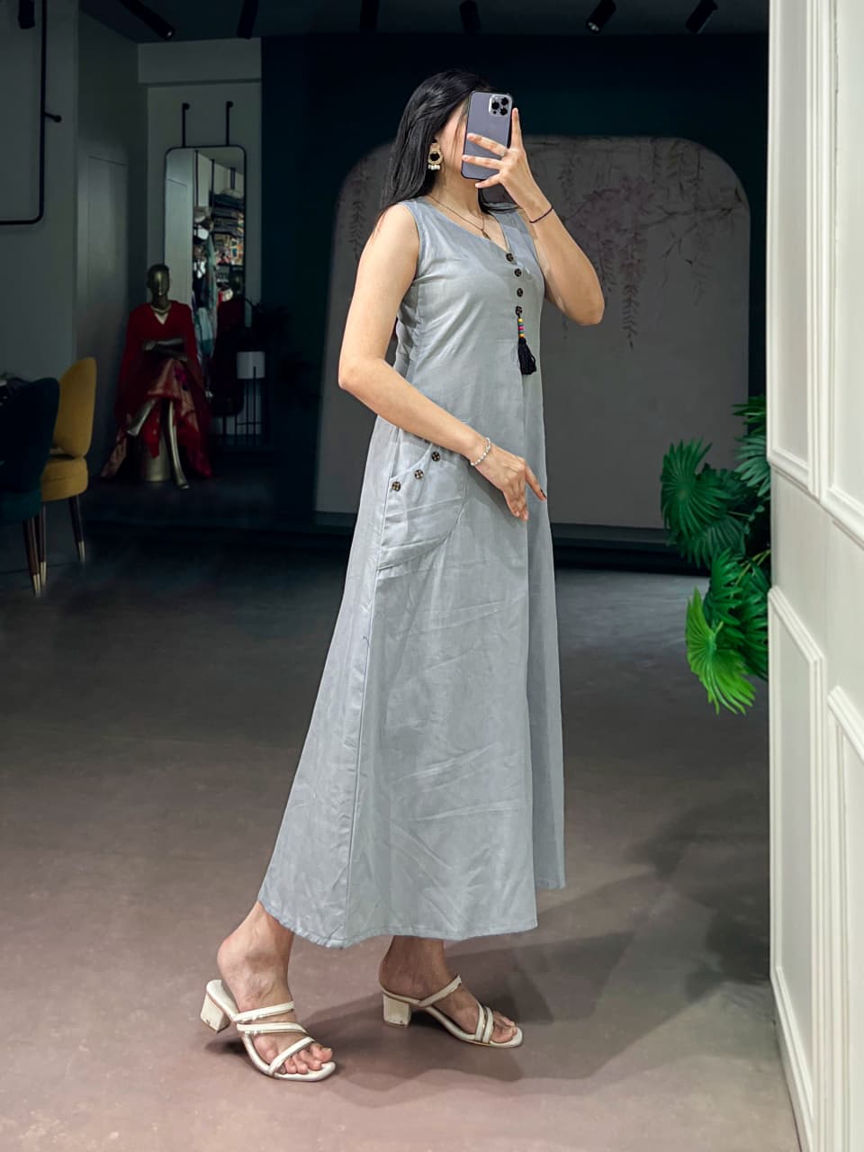 Cotton A-Line Kurti with Wooden Button | 48 Inch