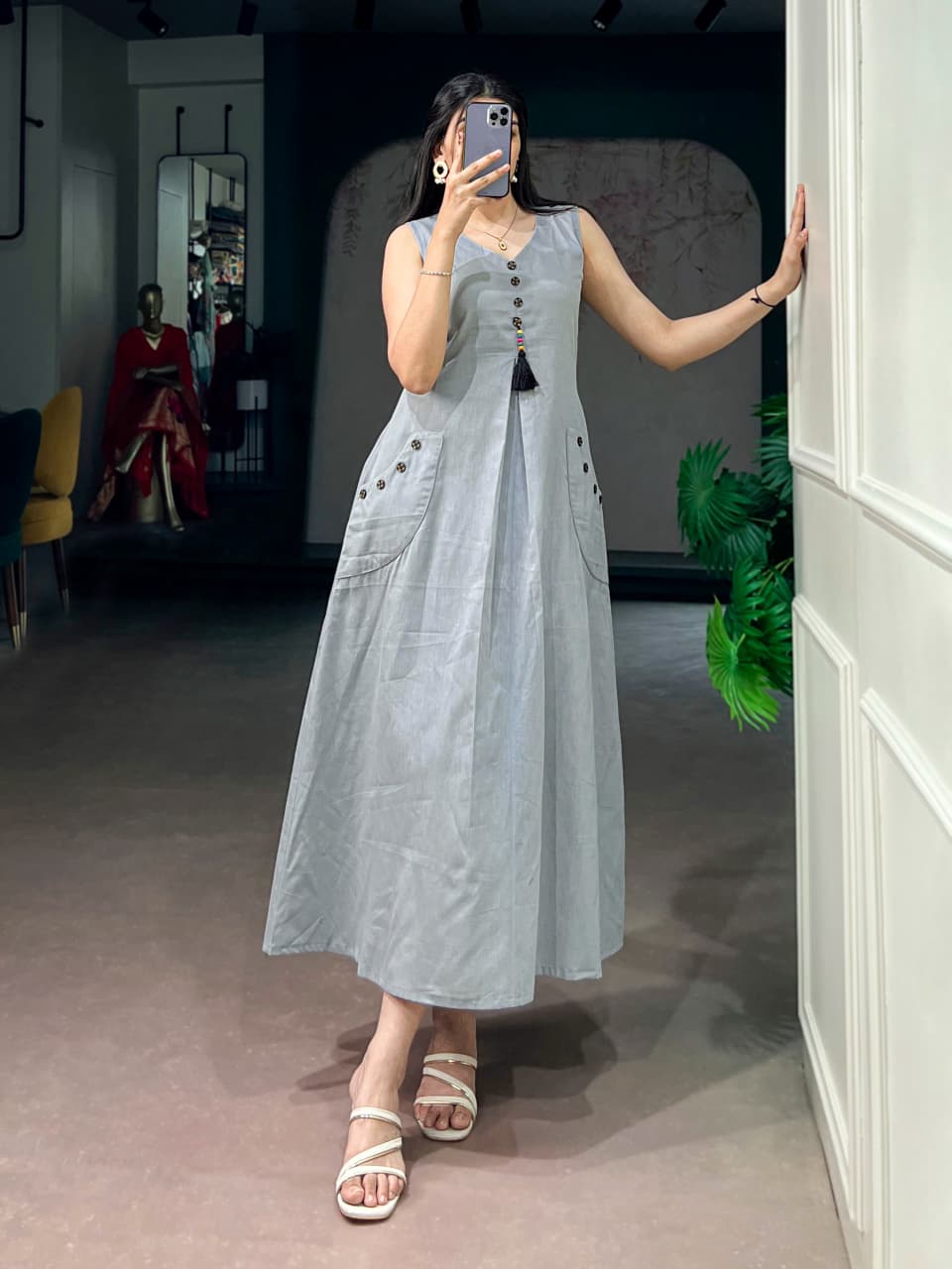 Cotton A-Line Kurti with Wooden Button | 48 Inch