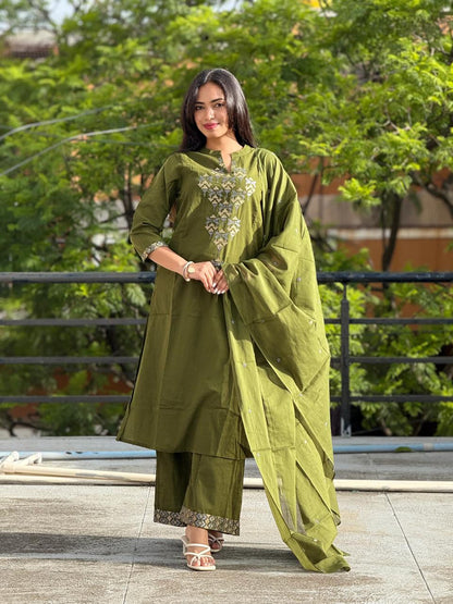 Cotton Aline Kurta Set with Embroidery & Dupatta