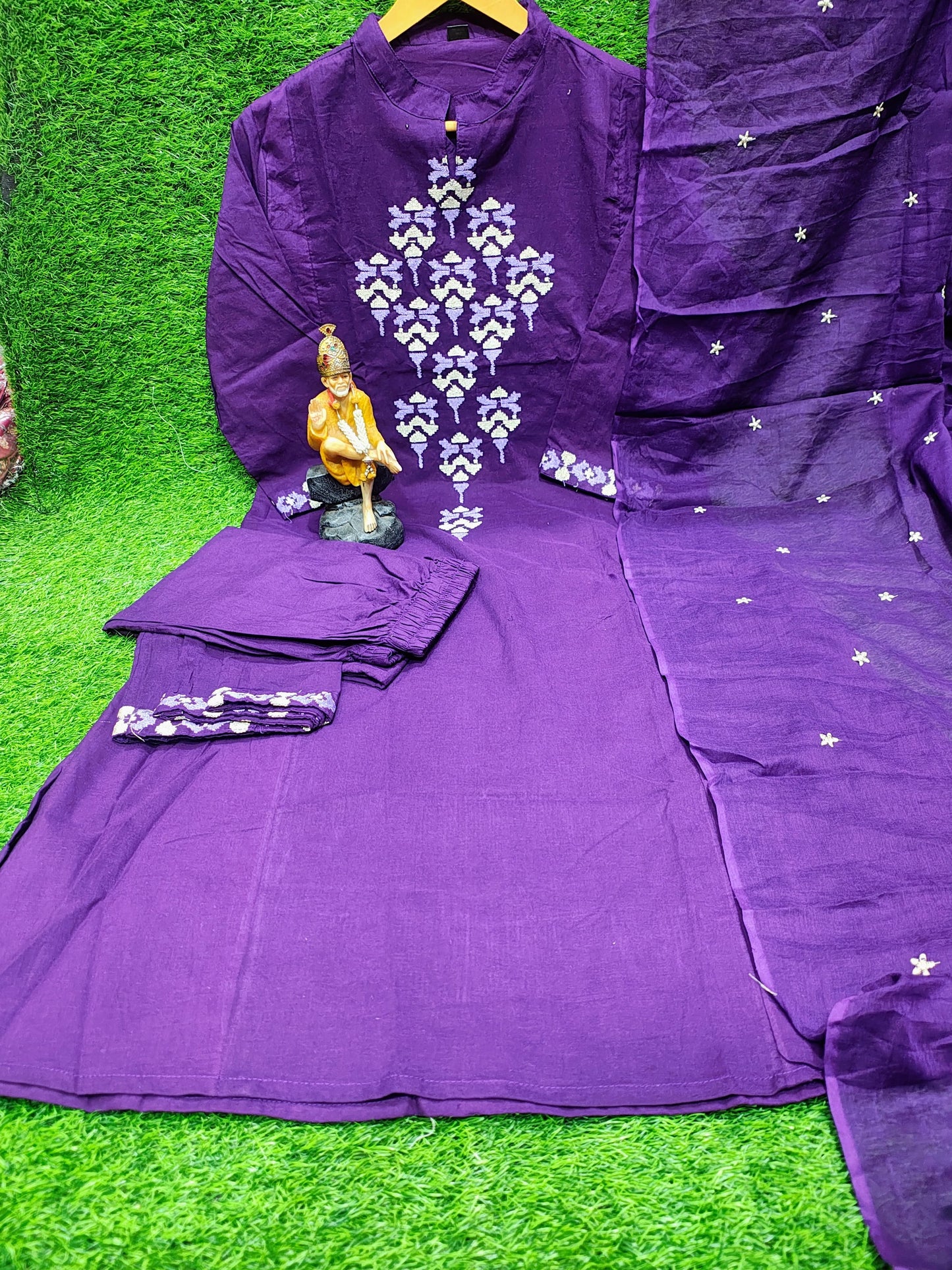 Cotton Aline Kurta Set with Embroidery & Dupatta