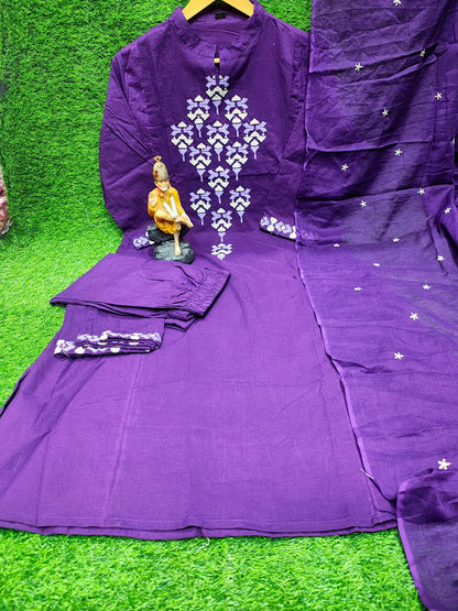 Cotton Aline Kurta Set with Embroidery & Dupatta