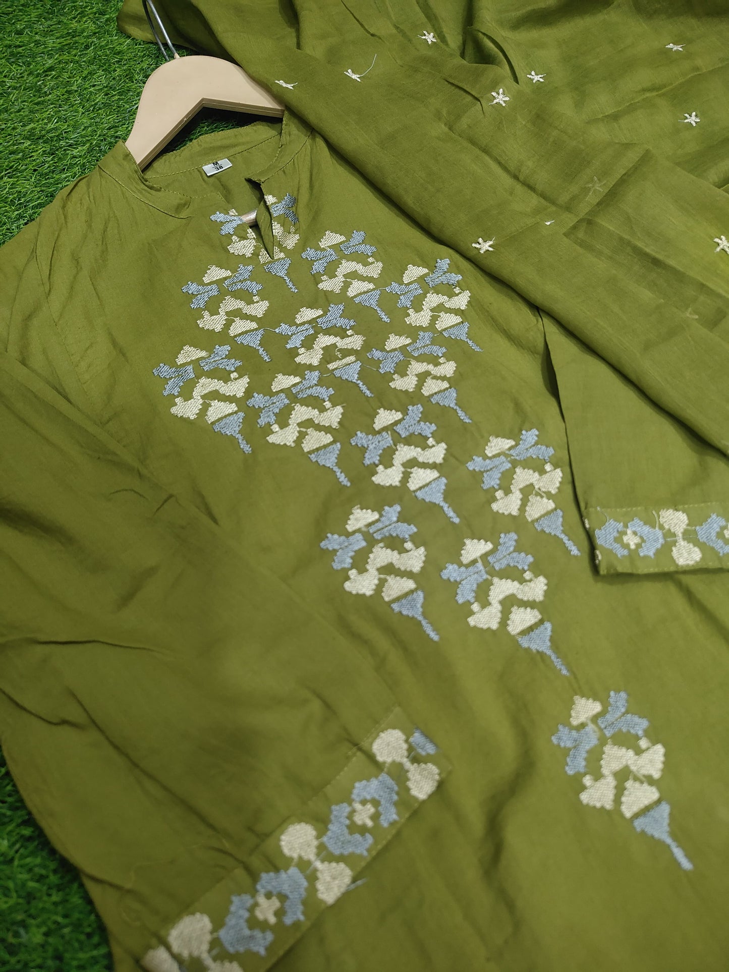 Cotton Aline Kurta Set with Embroidery & Dupatta