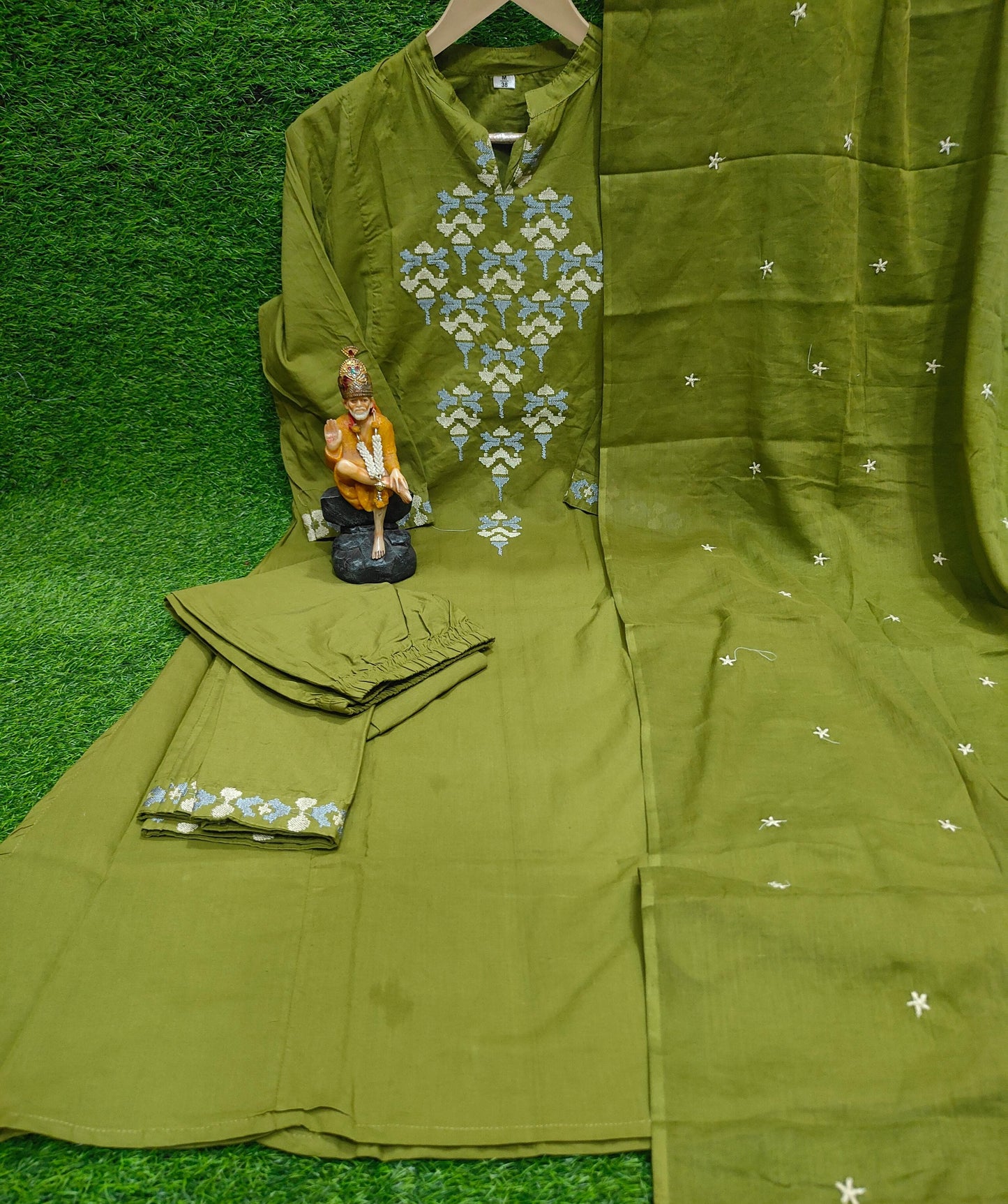 Cotton Aline Kurta Set with Embroidery & Dupatta