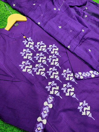 Cotton Aline Kurta Set with Embroidery & Dupatta