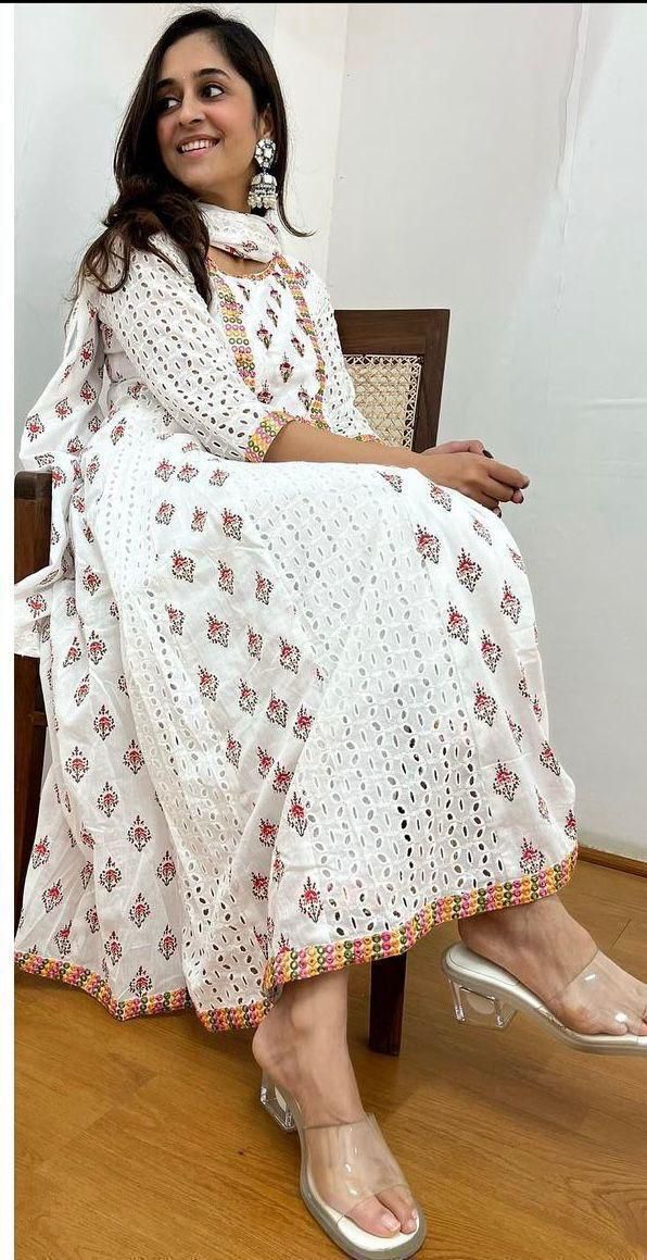 Cotton Anarkali Chikankari Kurti Set with Dupatta