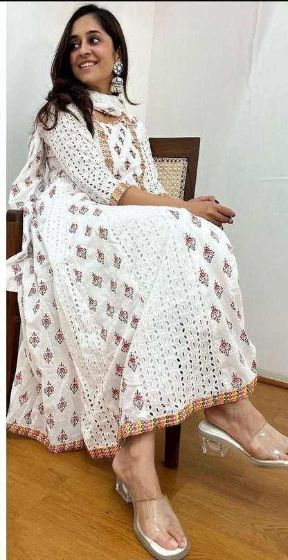 Cotton Anarkali Chikankari Kurti Set with Dupatta
