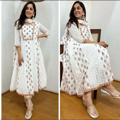 Cotton Anarkali Chikankari Kurti Set with Dupatta