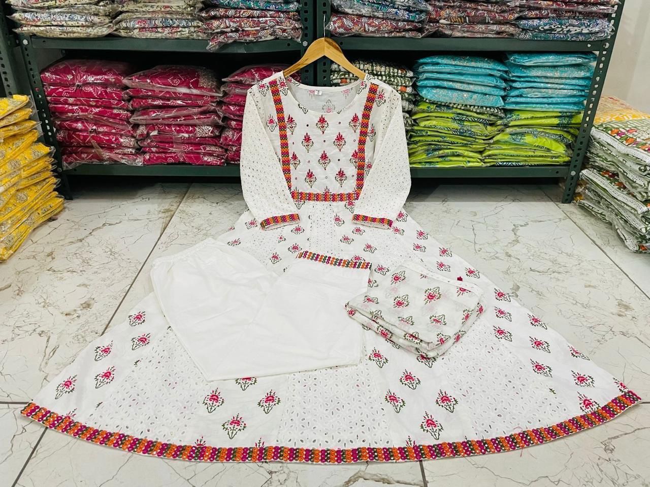 Cotton Anarkali Chikankari Kurti Set with Dupatta