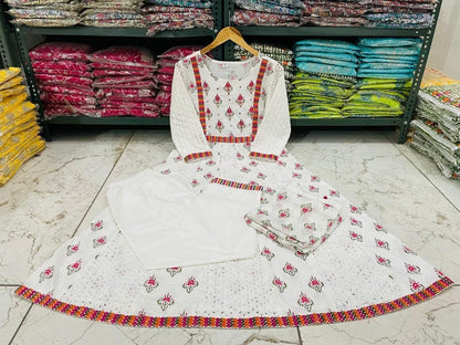 Cotton Anarkali Chikankari Kurti Set with Dupatta