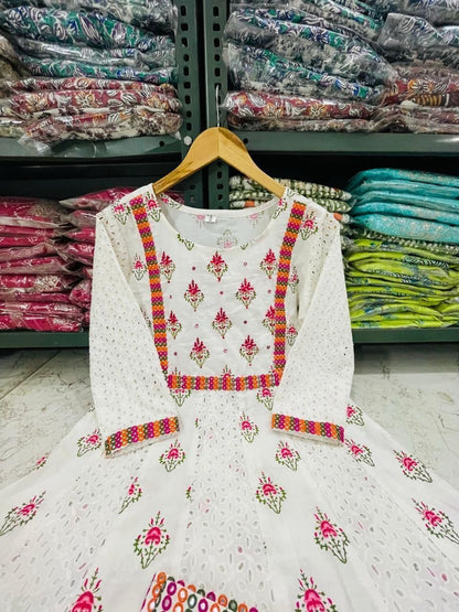 Cotton Anarkali Chikankari Kurti Set with Dupatta