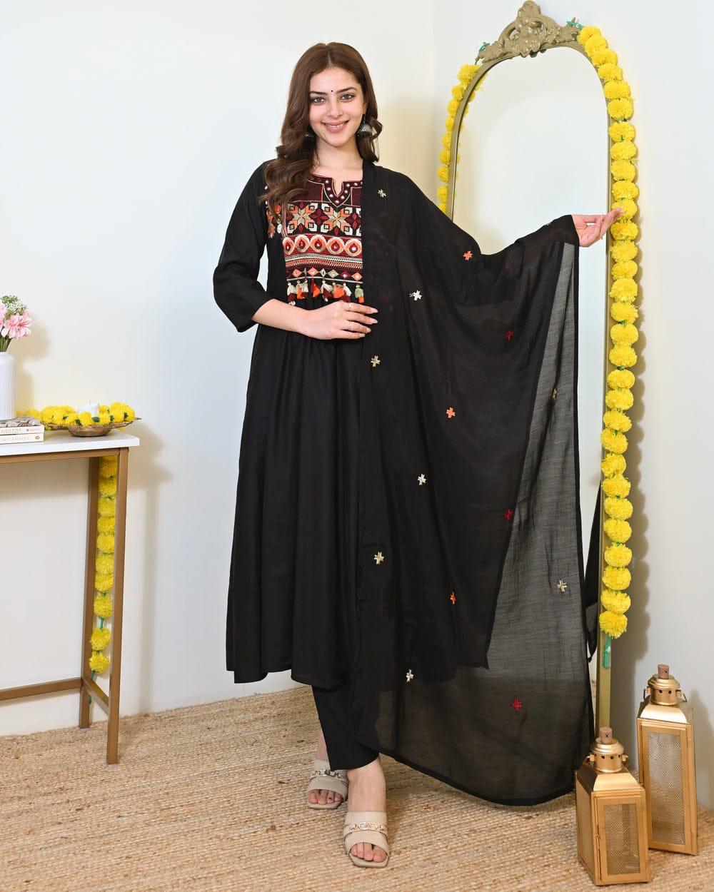 Cotton Anarkali Kurta Pant Dupatta Suit Set with Embroidery