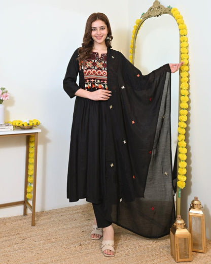 Cotton Anarkali Kurta Pant Dupatta Suit Set with Embroidery