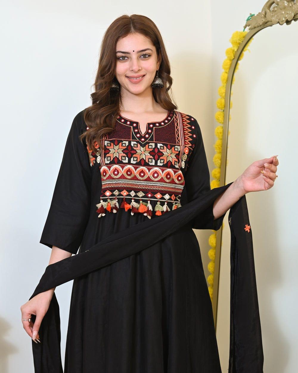 Cotton Anarkali Kurta Pant Dupatta Suit Set with Embroidery