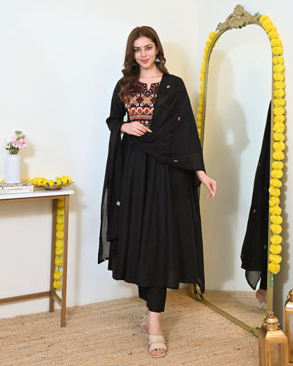 Cotton Anarkali Kurta Pant Dupatta Suit Set with Embroidery