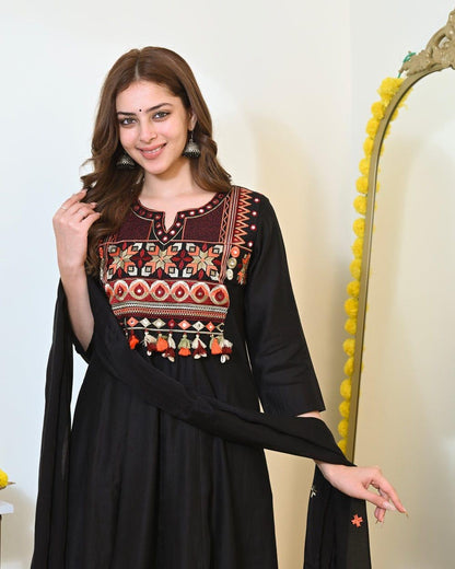 Cotton Anarkali Kurta Pant Dupatta Suit Set with Embroidery