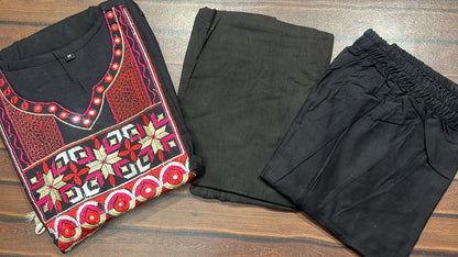 Cotton Anarkali Kurta Pant Dupatta Suit Set with Embroidery