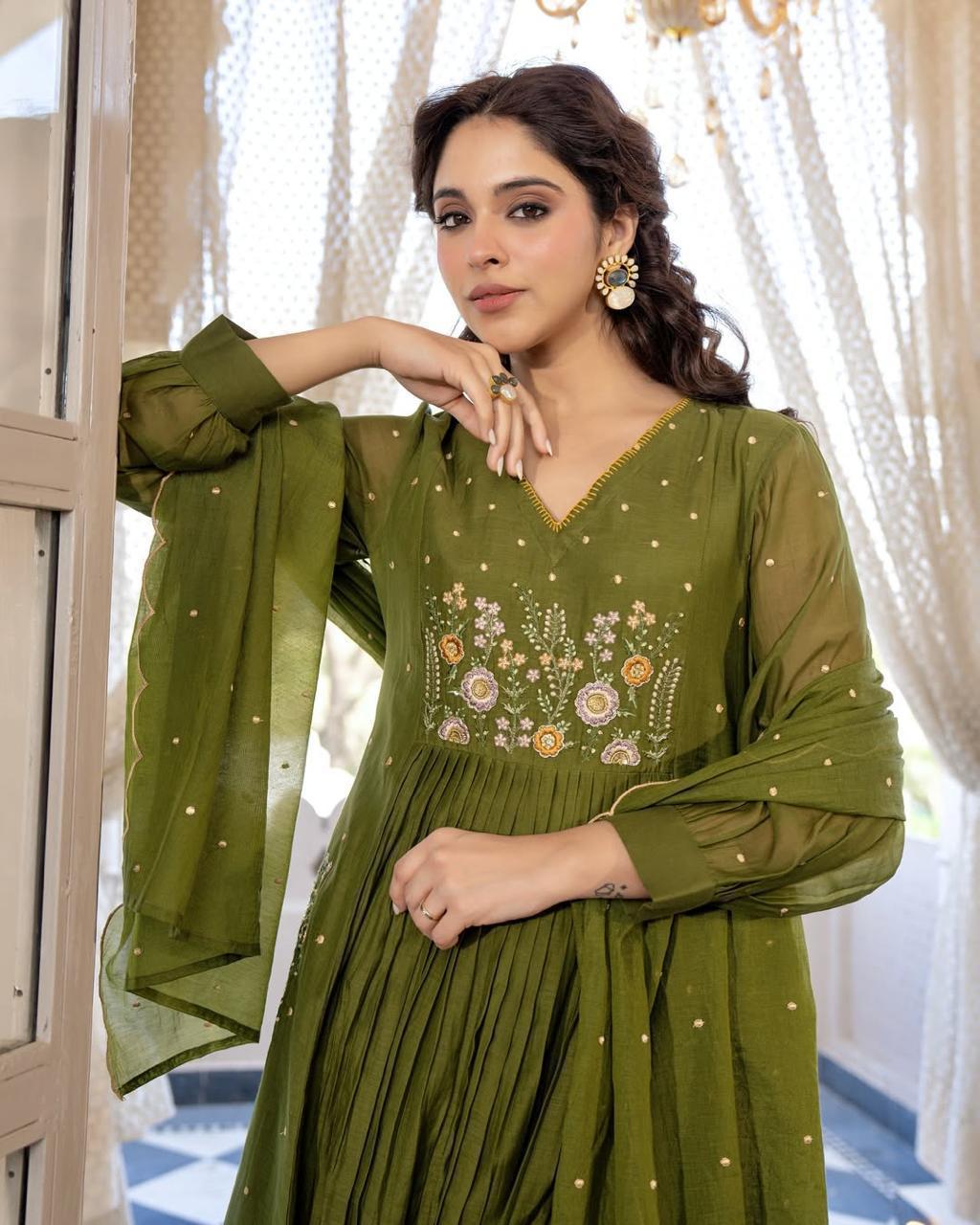 Cotton Anarkali Kurta Set with Pant & Cutwork Dupatta