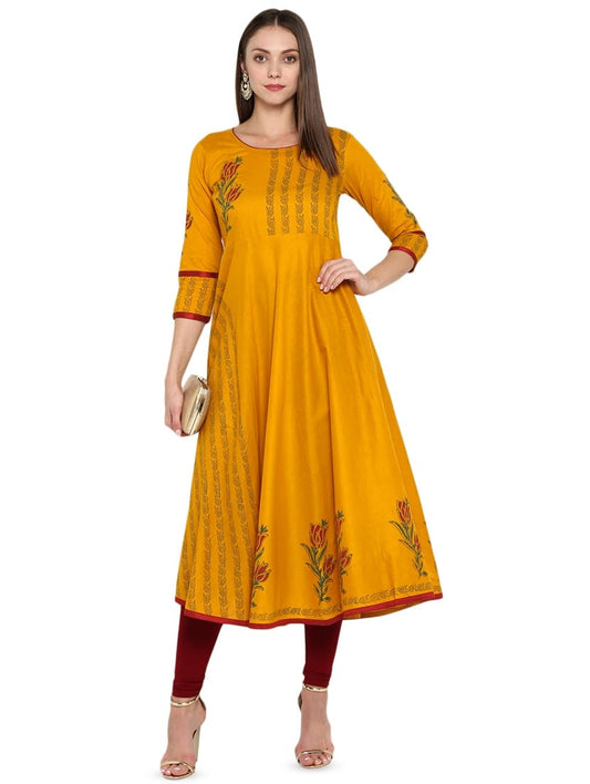Cotton Anarkali Kurta with Round Neck & 3/4 Sleeves