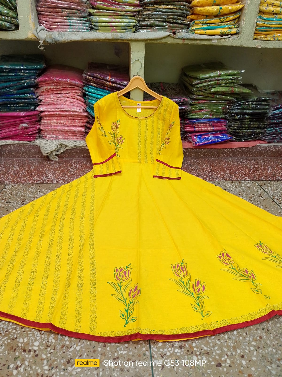 Cotton Anarkali Kurta with Round Neck & 3/4 Sleeves