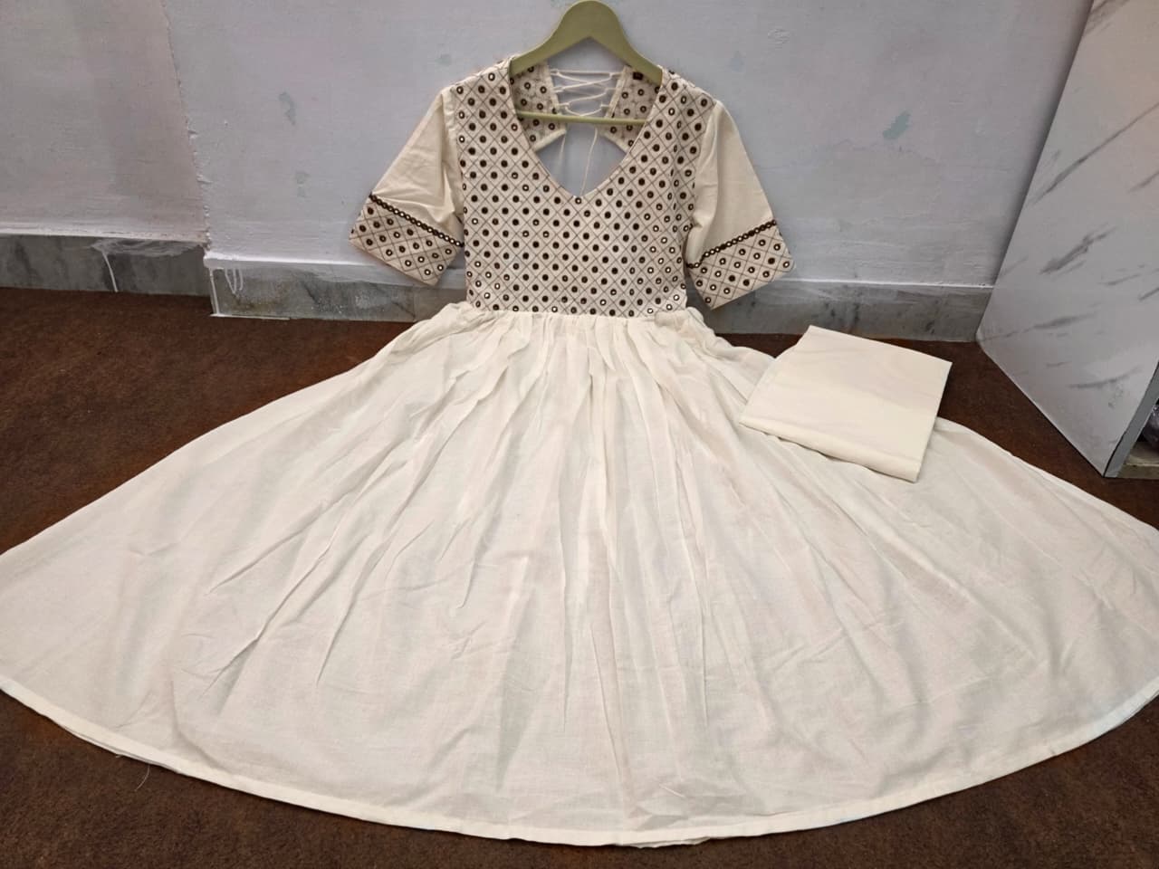 Cotton Anarkali Kurti Set with Mirror Embroidery & Dori Latkan