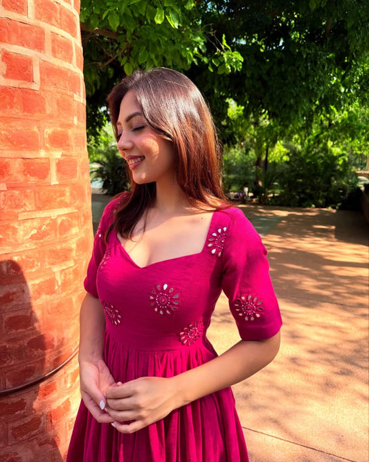 Cotton Anarkali Suit Set with Mirror Embroidery Work