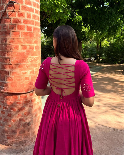 Cotton Anarkali Suit Set with Mirror Embroidery Work