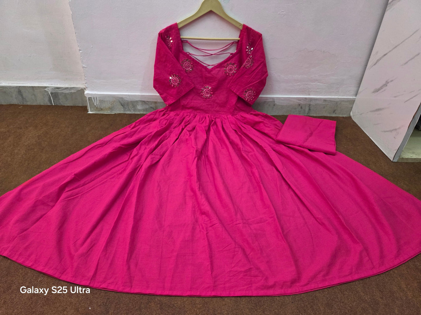 Cotton Anarkali Suit Set with Mirror Embroidery Work