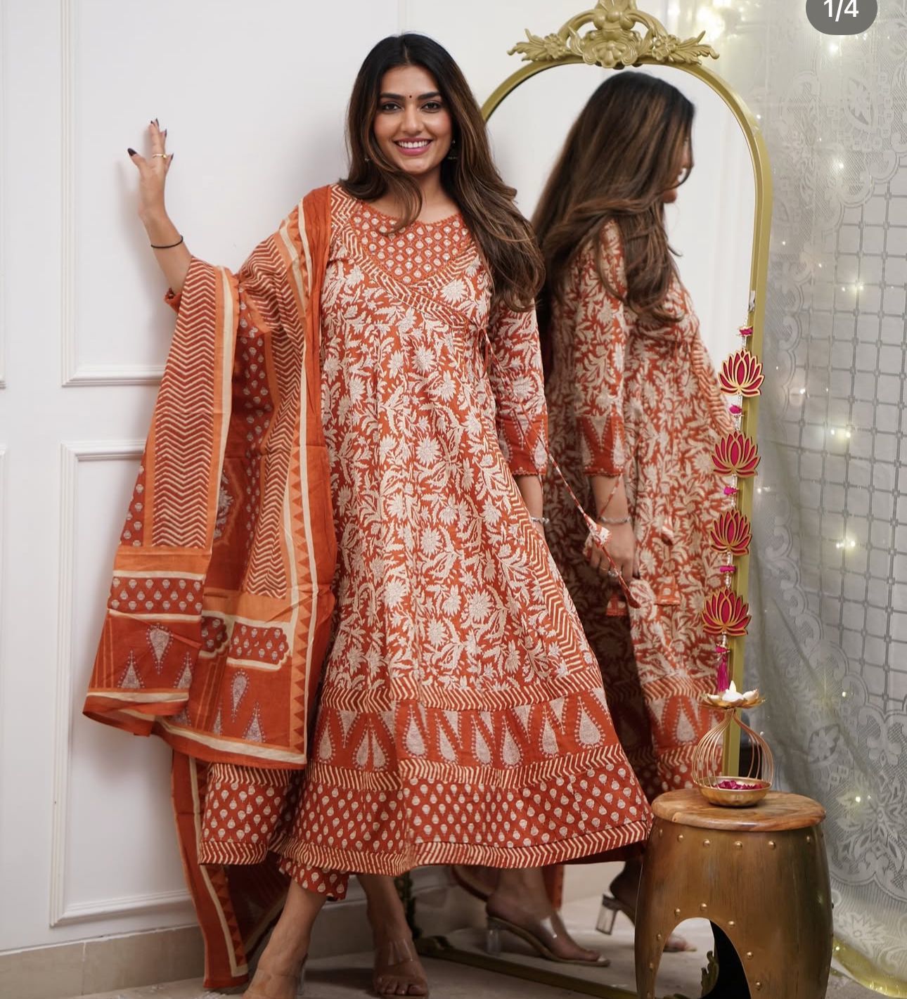 Cotton Angrakha Anarkali Kurti Set with Tagai & Kardhana Work, Printed Malmal Dupatta – 3 Piece Suit Set