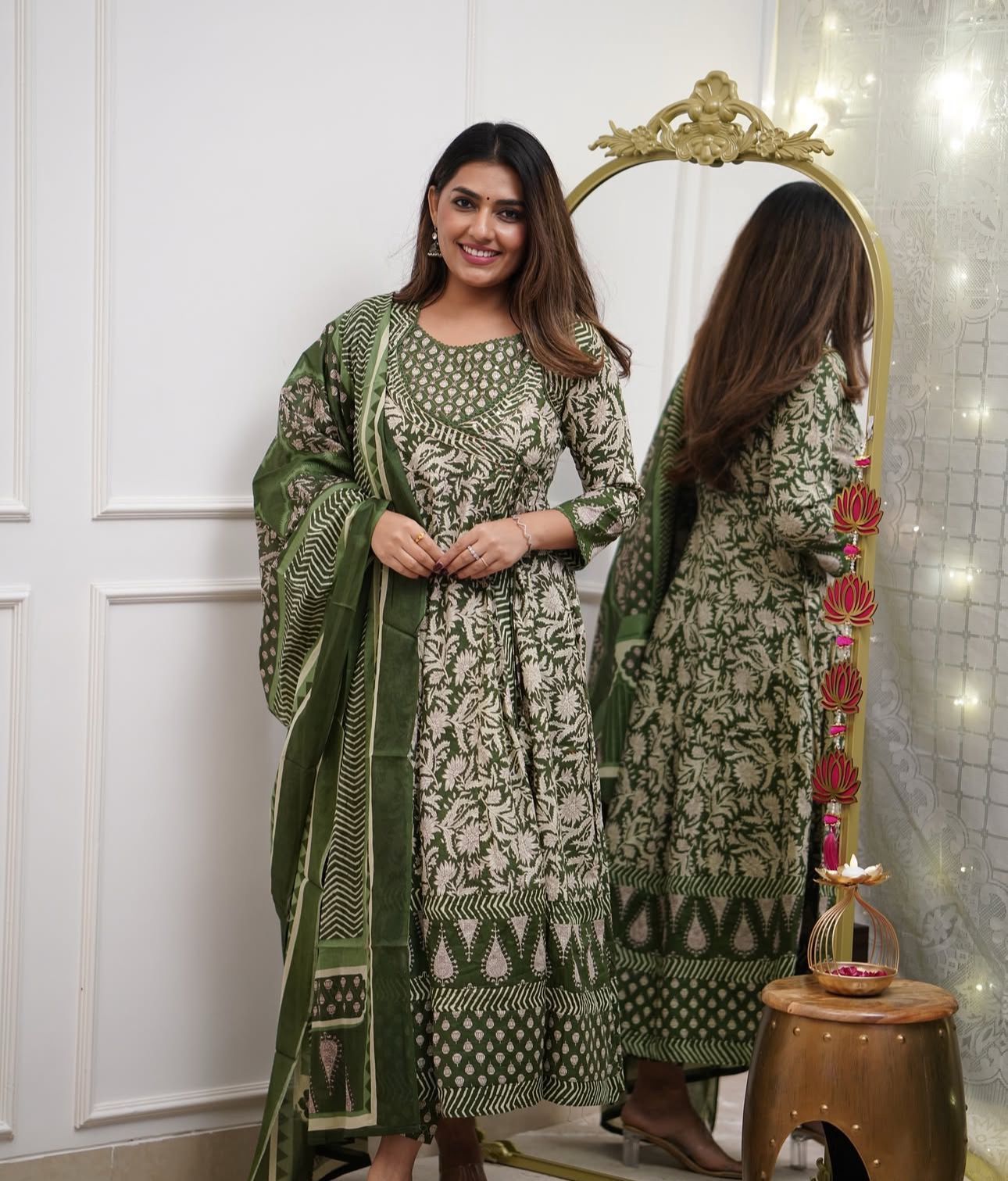 Cotton Angrakha Anarkali Kurti Set with Tagai & Kardhana Work, Printed Malmal Dupatta – 3 Piece Suit Set