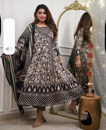 Cotton Angrakha Anarkali Kurti Set with Tagai & Kardhana Work, Printed Malmal Dupatta – 3 Piece Suit Set
