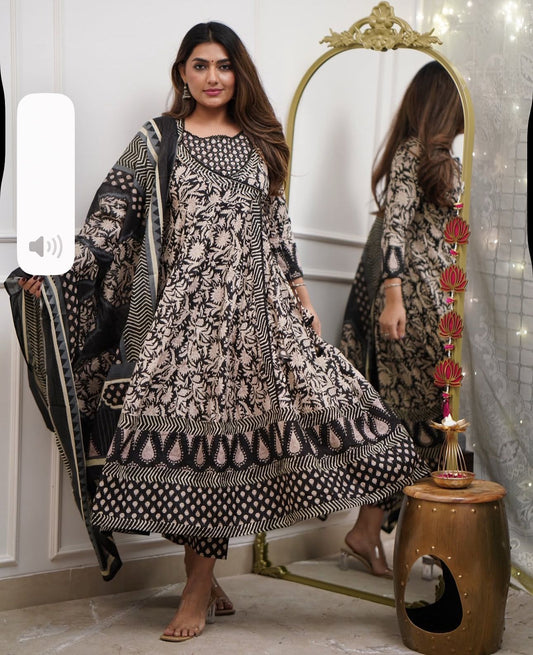 Cotton Angrakha Anarkali Kurti Set with Tagai & Kardhana Work, Printed Malmal Dupatta – 3 Piece Suit Set