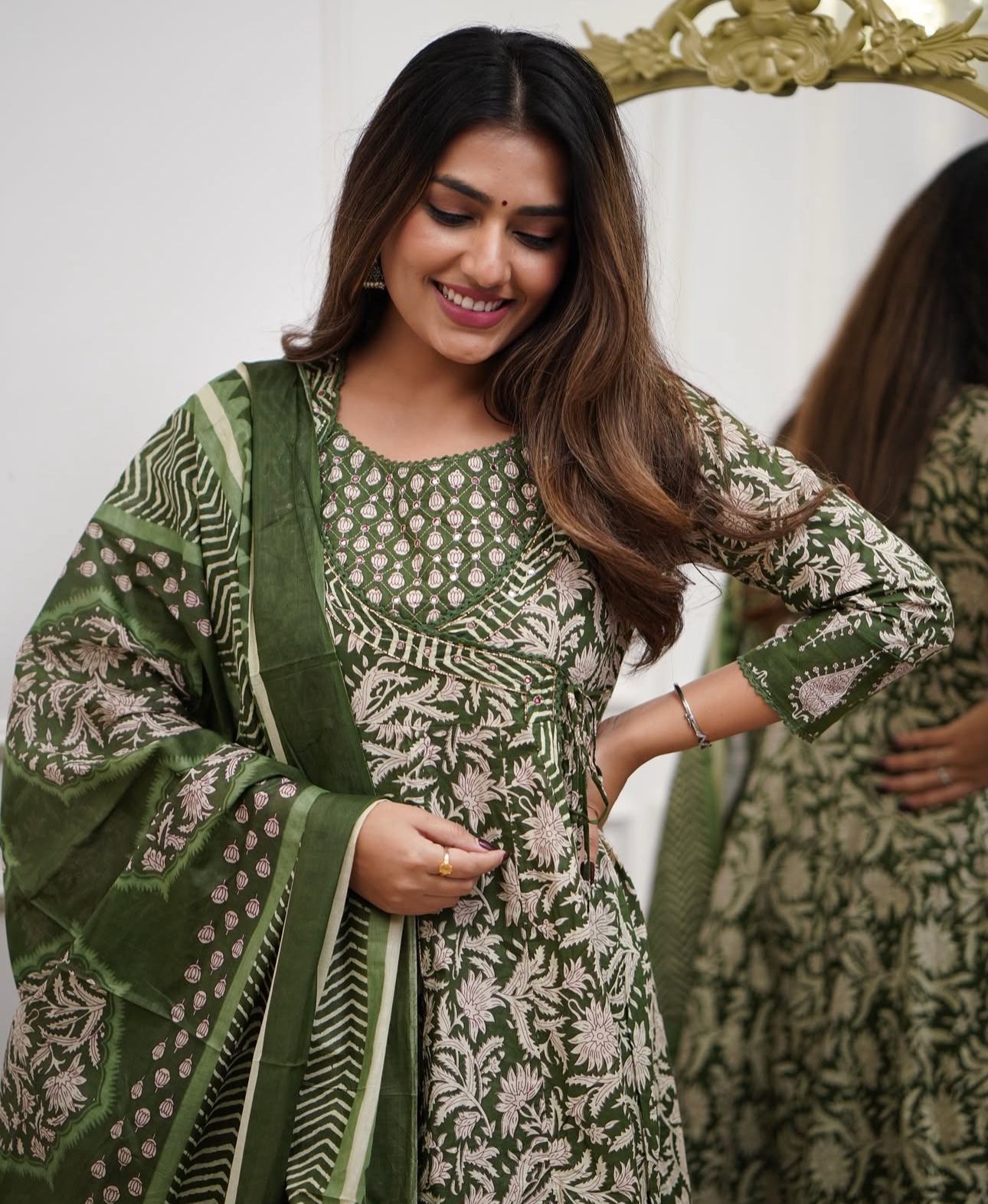 Cotton Angrakha Anarkali Kurti Set with Tagai & Kardhana Work, Printed Malmal Dupatta – 3 Piece Suit Set