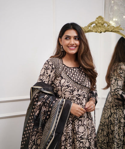 Cotton Angrakha Anarkali Kurti Set with Tagai & Kardhana Work, Printed Malmal Dupatta – 3 Piece Suit Set