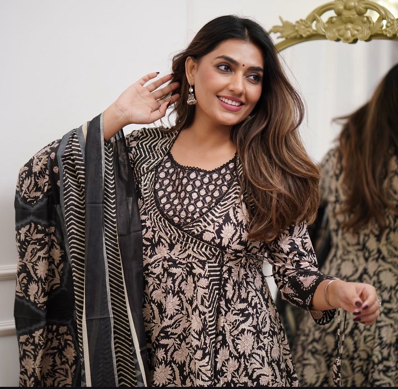 Cotton Angrakha Anarkali Kurti Set with Tagai & Kardhana Work, Printed Malmal Dupatta – 3 Piece Suit Set