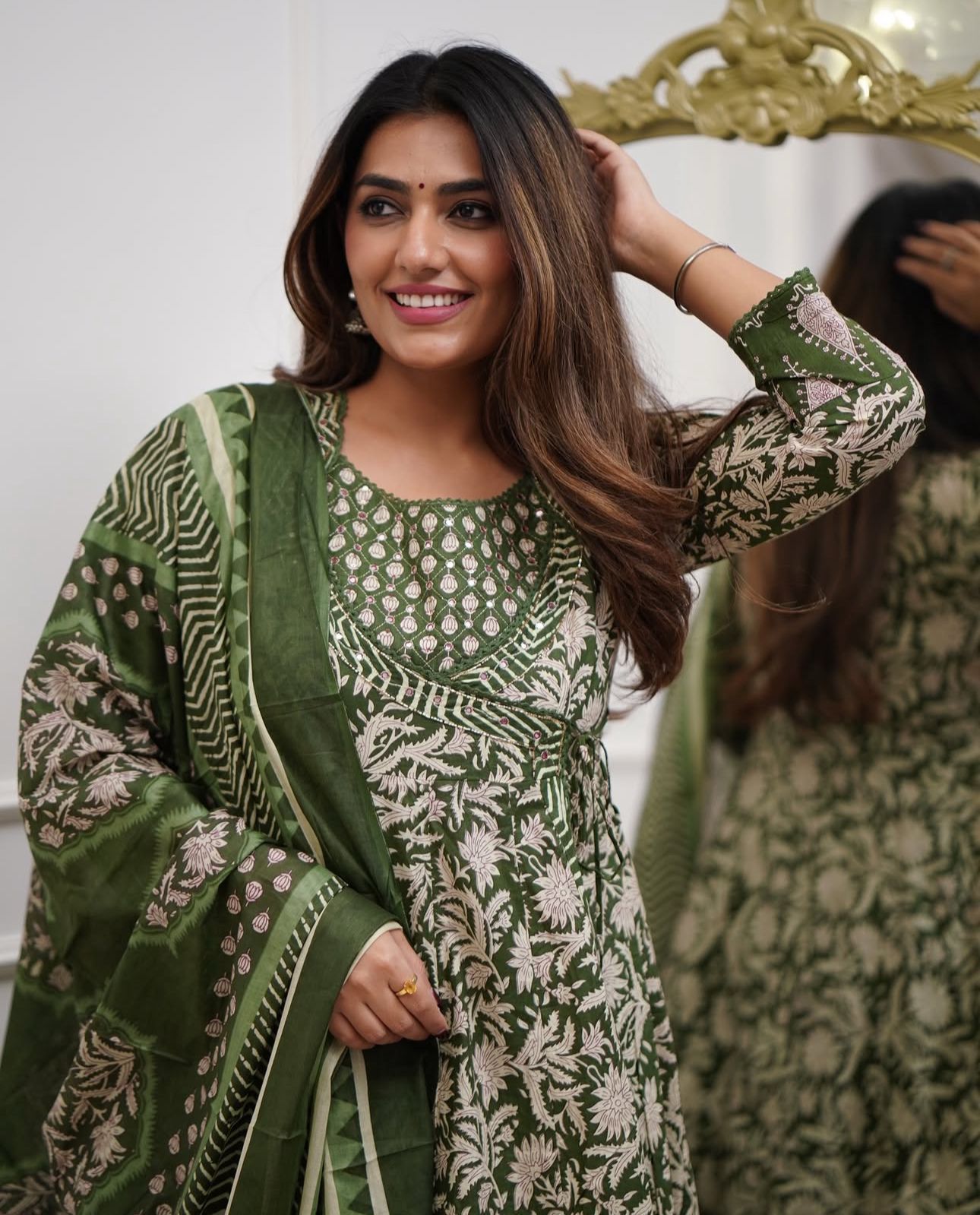 Cotton Angrakha Anarkali Kurti Set with Tagai & Kardhana Work, Printed Malmal Dupatta – 3 Piece Suit Set