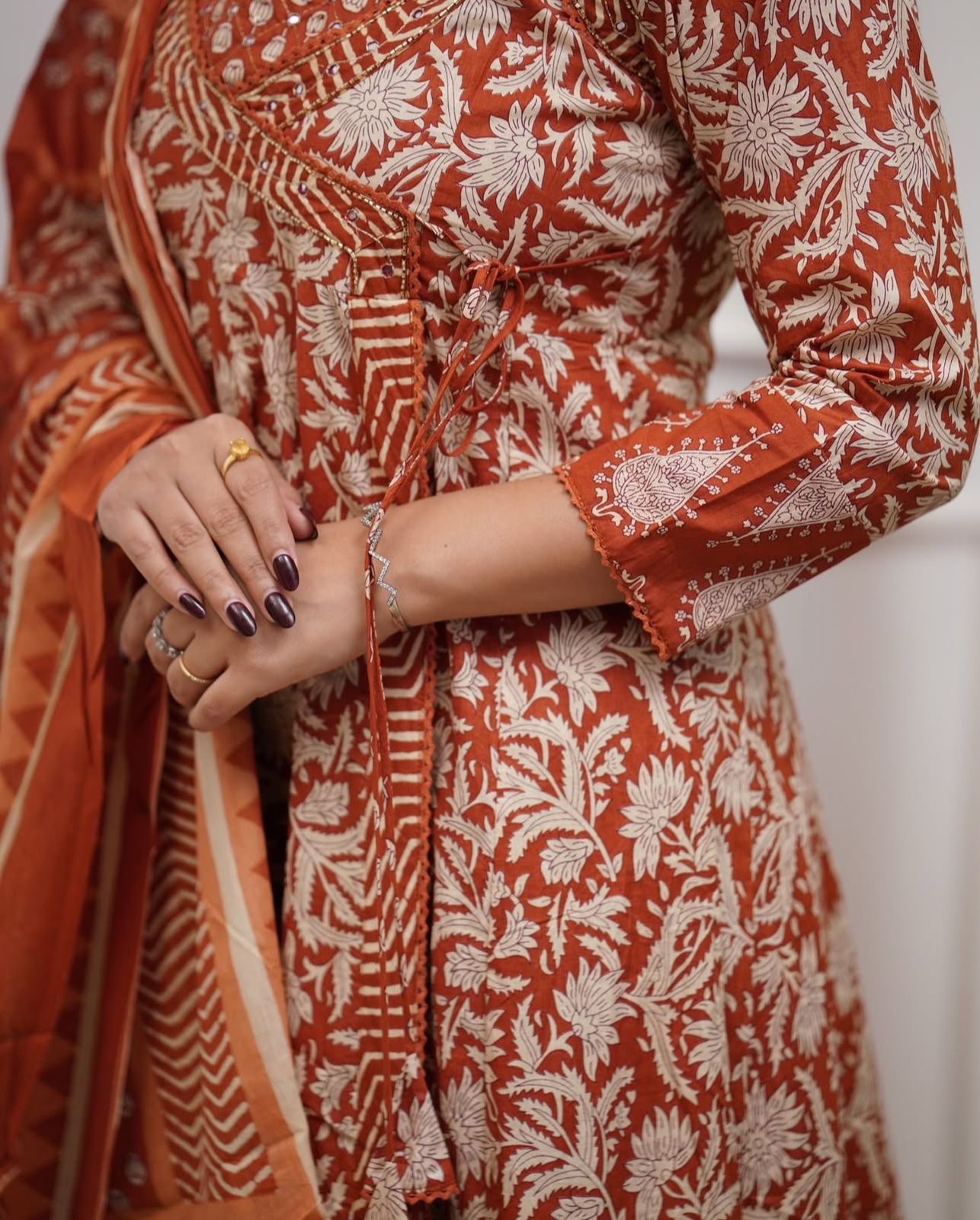 Cotton Angrakha Anarkali Kurti Set with Tagai & Kardhana Work, Printed Malmal Dupatta – 3 Piece Suit Set