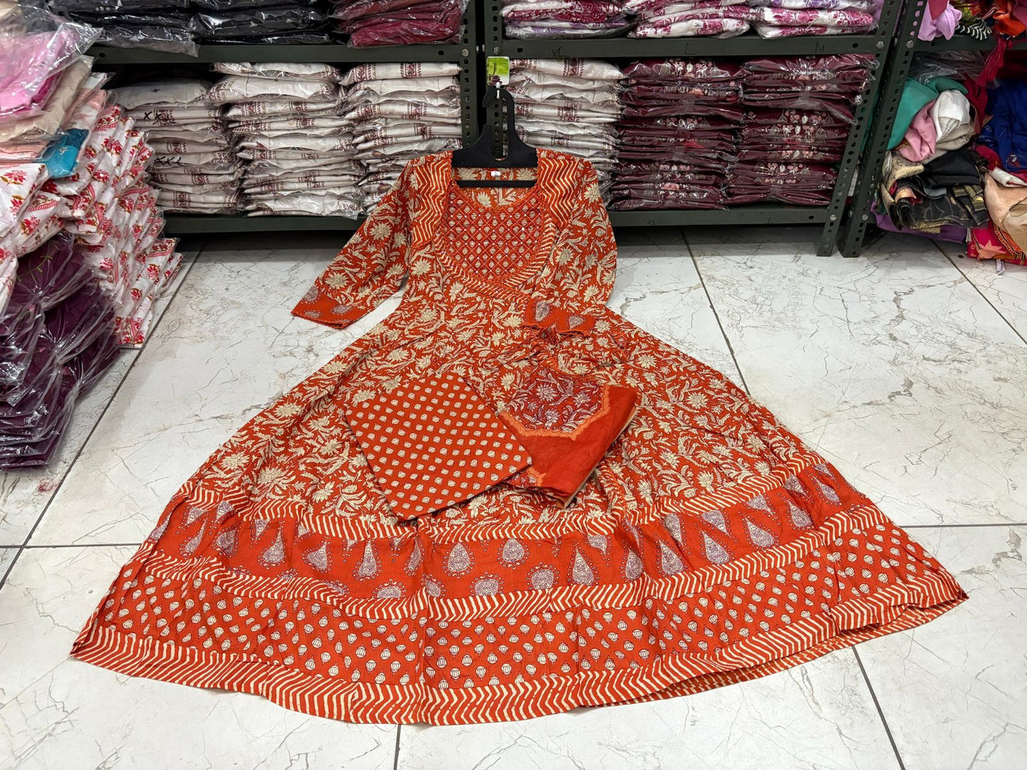 Cotton Angrakha Anarkali Kurti Set with Tagai & Kardhana Work, Printed Malmal Dupatta – 3 Piece Suit Set