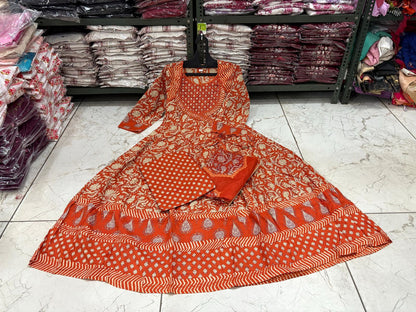 Cotton Angrakha Anarkali Kurti Set with Tagai & Kardhana Work, Printed Malmal Dupatta – 3 Piece Suit Set