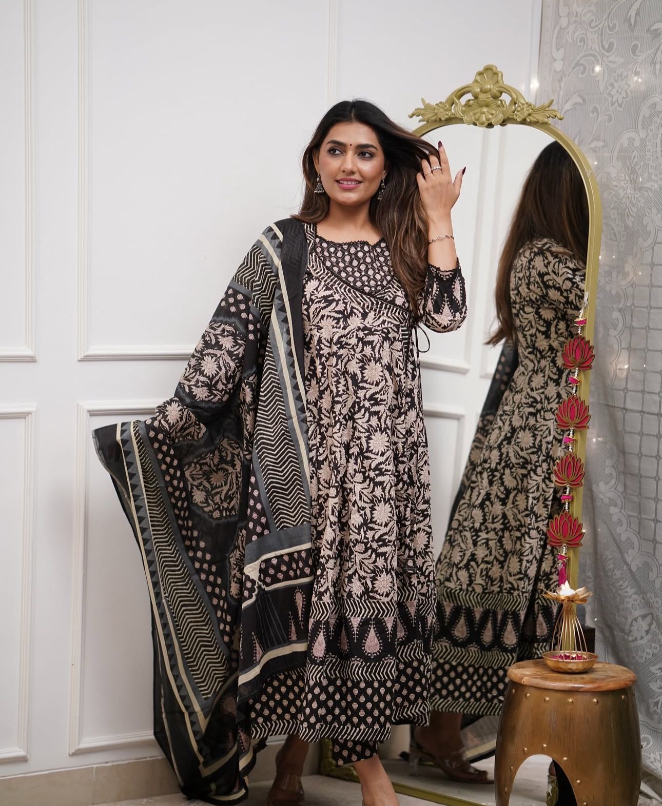 Cotton Angrakha Anarkali Kurti Set with Tagai & Kardhana Work, Printed Malmal Dupatta – 3 Piece Suit Set