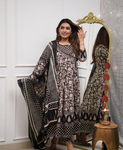 Cotton Angrakha Anarkali Kurti Set with Tagai & Kardhana Work, Printed Malmal Dupatta – 3 Piece Suit Set