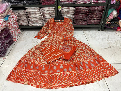 Cotton Angrakha Anarkali Kurti Set with Tagai & Kardhana Work, Printed Malmal Dupatta – 3 Piece Suit Set