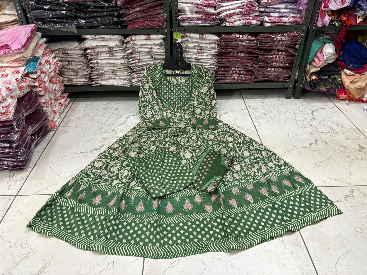 Cotton Angrakha Anarkali Kurti Set with Tagai & Kardhana Work, Printed Malmal Dupatta – 3 Piece Suit Set